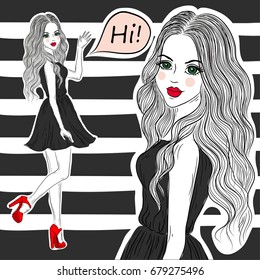 Young, beautiful, cute girl in little black dress with long hair, red lips and heels. stylized hand drawn Vector fashion illustration.fashion stylish pretty woman.