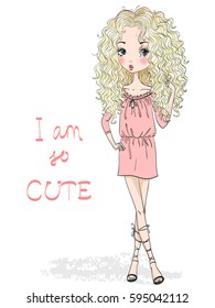 Young, beautiful, cute, romantic blonde curly girl on the background with inscription I am so cute. Vector illustration.