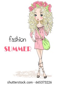 Young, beautiful, cute, romantic blonde curly girl with wreath on her head on the background with inscription fashion summer. Vector illustration.