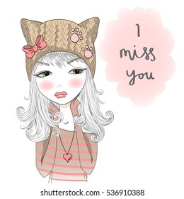 Young, beautiful, cute, romantic girl in the hat. Vector illustration.