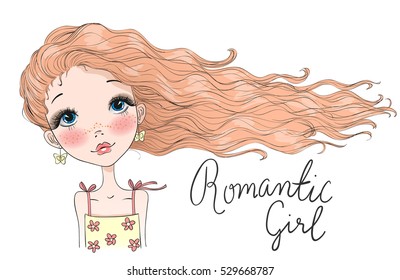 Joven, bella, linda, romántica chica pelirroja con pecas. Ilustración vectorial.