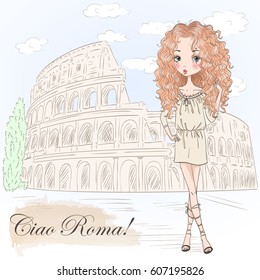 Young, beautiful, cute, romantic redhead curly girl with a freckles on the background of Colosseum with inscription Ciao Roma (Hello Rome)!