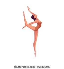 Young beautiful dancer in tights and ballet shoes, cartoon illustration isolated on white background. Young graceful ballet dancer wearing tights and ballet slippers