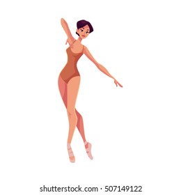 Young beautiful dancer in tights and ballet shoes, cartoon illustration isolated on white background. Young graceful ballet dancer wearing tights and ballet slippers