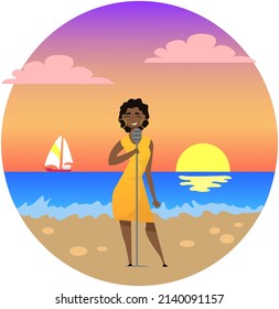 Young beautiful dark girl singing romantic song into microphone standing on beach during sunset. Hobby or professional activity stage performance, singer sings songs to music, karaoke party on holiday