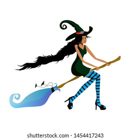 Young beautiful dark-skinned witch flies on a broom for a party or a sale. Dark-skinned girl in a witch costume for the Halloween holiday. Vector illustration EPS 8