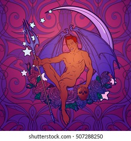 Young beautiful demon sitting on the Moon crescent decorated with rose garland. Pinup and art Nouveau eclectic style. Tattoo design. Halloween concept art. Gay hint. EPS10 vector illustration