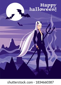 Young beautiful devil women with a trident. Night scary landscape background. Halloween vector illustration .Trendy graphic design for banner, poster, card, cover, invitation, poster, booklet.