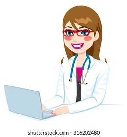 Young beautiful doctor woman smiling and writing on laptop computer