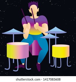 Young beautiful drummer. isolated vector illustration.rendy flat rock stars, pop, jazz, characters. Flat character cartoon illustration in colorful juicy color palette.