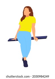 A young beautiful faceless woman with flowing hair in a yellow T-shirt and blue pants sits on a bench isolated on white background. Simple vector illustration