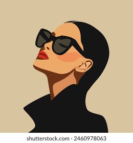 Young beautiful fashion woman in black, with closed eyes, wearing sunglasses. Abstract female portrait, contemporary design, flat vector illustration for magazines