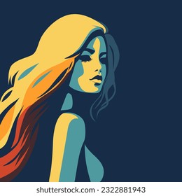 Young beautiful fashion woman with long hair. Abstract female portrait, contemporary design, vector illustration