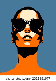 Young beautiful fashion woman with sunglasses looking up. Abstract female portrait, contemporary design, vector illustration