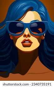 Young beautiful fashion woman with sunglasses and long hair. Abstract female portrait, contemporary design, vector illustration