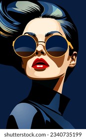 Young beautiful fashion woman with sunglasses and long hair. Abstract female portrait, contemporary design, vector illustration