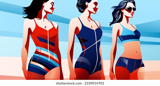 Young beautiful fashion women tanned and dressed in swimsuits walk along the beach. Abstract female portraits, contemporary design, vector illustration