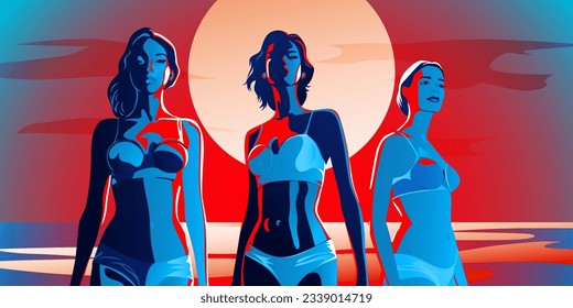 Young beautiful fashion women tanned and dressed in swimsuits walk along the beach over landscape with sea and sun. Abstract female portraits, contemporary design, vector illustration