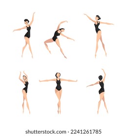 Young Beautiful Female Ballet Dancer in Black Leotard in Different Pose Vector Set