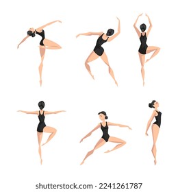 Young Beautiful Female Ballet Dancer in Black Leotard in Different Pose Vector Set