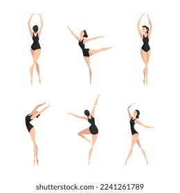 Young Beautiful Female Ballet Dancer in Black Leotard in Different Pose Vector Set