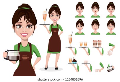 Young beautiful female barista in professional uniform. Cute cartoon character, pack of body parts, emotions and things. Build your personal design. Vector illustration on white background.