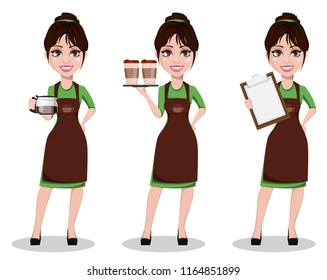 Young beautiful female barista in professional uniform, set of three poses. Cute cartoon character holding coffeepot, holding tray with coffee and holding clipboard. Vector illustration.