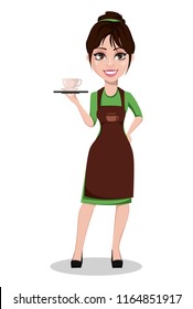 Young beautiful female barista in professional uniform. Cute cartoon character holding tray with coffee. Vector illustration.