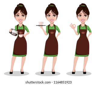 Young beautiful female barista in professional uniform, set of three poses. Cute cartoon character pouring coffee, holding tray with coffee and showing ok sign. Vector illustration.