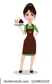 Young beautiful female barista in professional uniform. Cute cartoon character holding tray with coffee cappuccino and cake. Vector illustration.