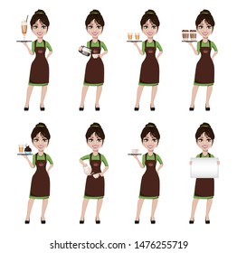 Young beautiful female barista in professional uniform, set of eight poses. Cute female cartoon character. Vector illustration.