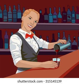 young beautiful female barmaid, colorful vector