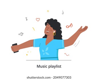 Young beautiful female character is listening to music in small earbuds with eyes closed on white background. Various people listening and singing song lyrics. Flat cartoon vector illustration