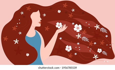 Joven hermosa hembra de pelo largo de perfil. Muchas flores de verano y primavera. El concepto de juventud femenina, primavera y salud. Tarjeta del Día de la Madre. Ilustración vectorial.