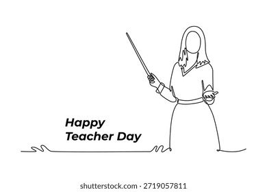 young beautiful female teacher with pointer. Teacher day concept. Single line draw design. Vector graphic illustration