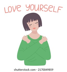 Young beautiful female wearing casual green sweater. Hugging oneself happy and positive, smiling confident. Self love and self care concept.