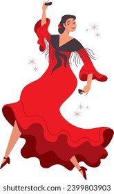 Junge schöne Flamenco-Tänzerin. Frau in rotem traditionellem spanischen Kleid tanzen mit Burgen. Flaches Vektorzeichen