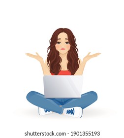 Young beautiful frustrated woman using laptop computer sitting with crossed legs isolated vector illustration