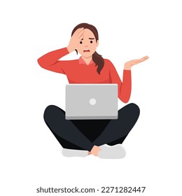 Young beautiful frustrated woman using laptop computer sitting with crossed legs isolated vector illustration. Flat vector illustration isolated on white background