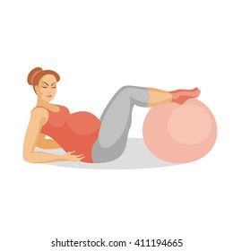 young beautiful future mother does exercises with a fit ball lying on a floor