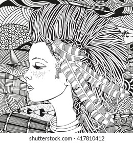 Young beautiful girl. American Indian woman. Feathers. Black and white artistically, tribal vector, ethnic pattern. Hand-drawn, ethnic, doodle, aztec, abstract, zentangle, tribal design elements. 