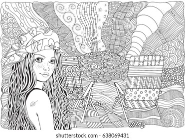 Young beautiful girl in bandana. Deckchair on a beach, facing out to sea. Zentangle style. Black and white doodle coloring book page for adult and children.