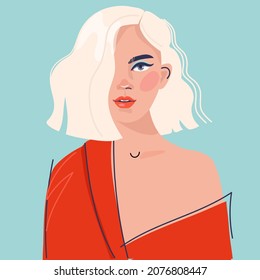 young beautiful girl with blonde hair in a bare shoulder in a red  kimono .  flat illustration. 