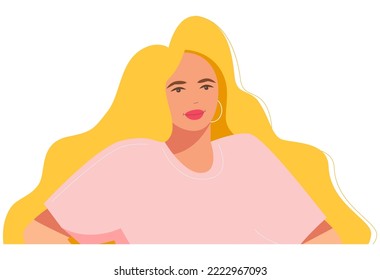 Young beautiful girl with blonde hair. Portrait of a woman. A woman in a pink T-shirt.