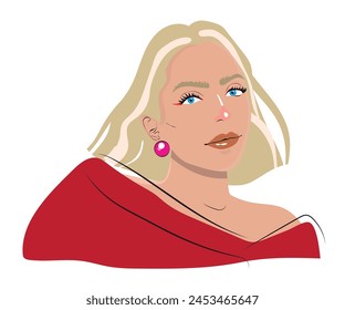 young beautiful girl with blonde hair in a bare shoulder in a red kimono . flat illustration. 