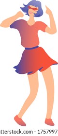 Young beautiful girl with blue hair is dancing. Happy dancing person. Club female dancer. Woman in a skirt in motion. Disco dancing character illustration.