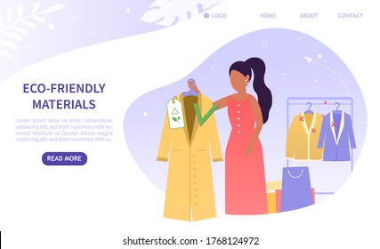 Young beautiful girl in a boutique chooses eco friendly clothes. A new alternative to non-environmentally. Eco friendly fashion. Colorful Flat Vector Illustration Perfect for Landing Page, Web Design