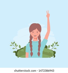 young and beautiful girl in the camp with leafs