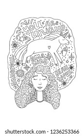 Young beautiful girl with closed eyes in a pink sweater. Dreaming of a unicorn. Nice items for a girl earrings with a rainbow, sweets, ice cream, donut, flowers, stars, hearts, motivating words