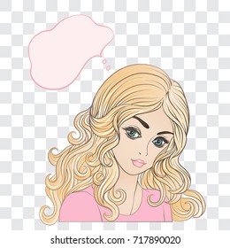 A young beautiful girl with a cloud for the text. Isolated color